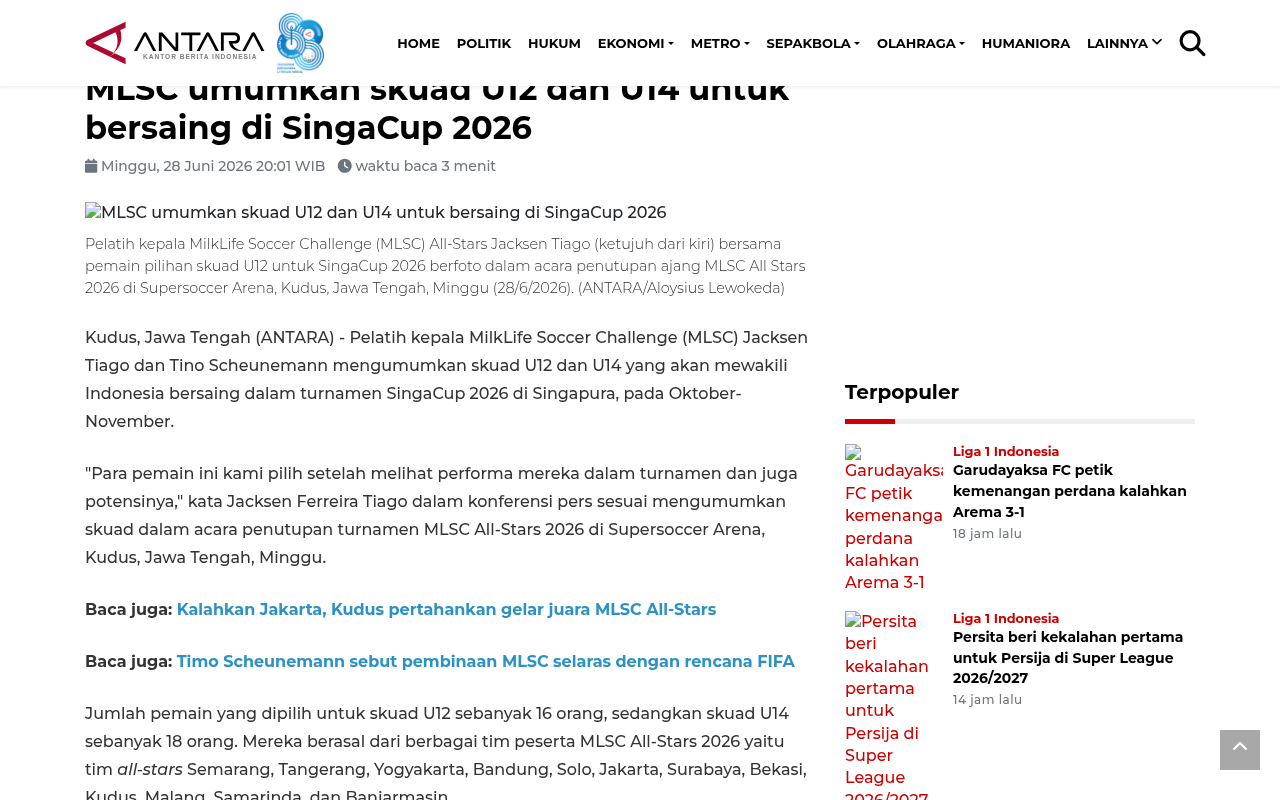 MLSC Announces U12 and U14 Squads to Compete at SingaCup 2026 - ANTARA - screenshot of article on ANTARA News