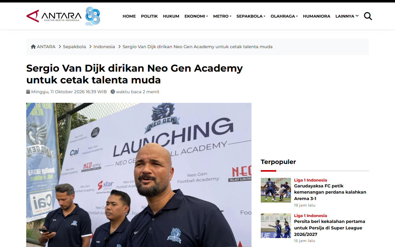 Sergio Van Dijk Founds Neo Gen Academy to Produce Young Talent - ANTARA - screenshot of article on ANTARA News
