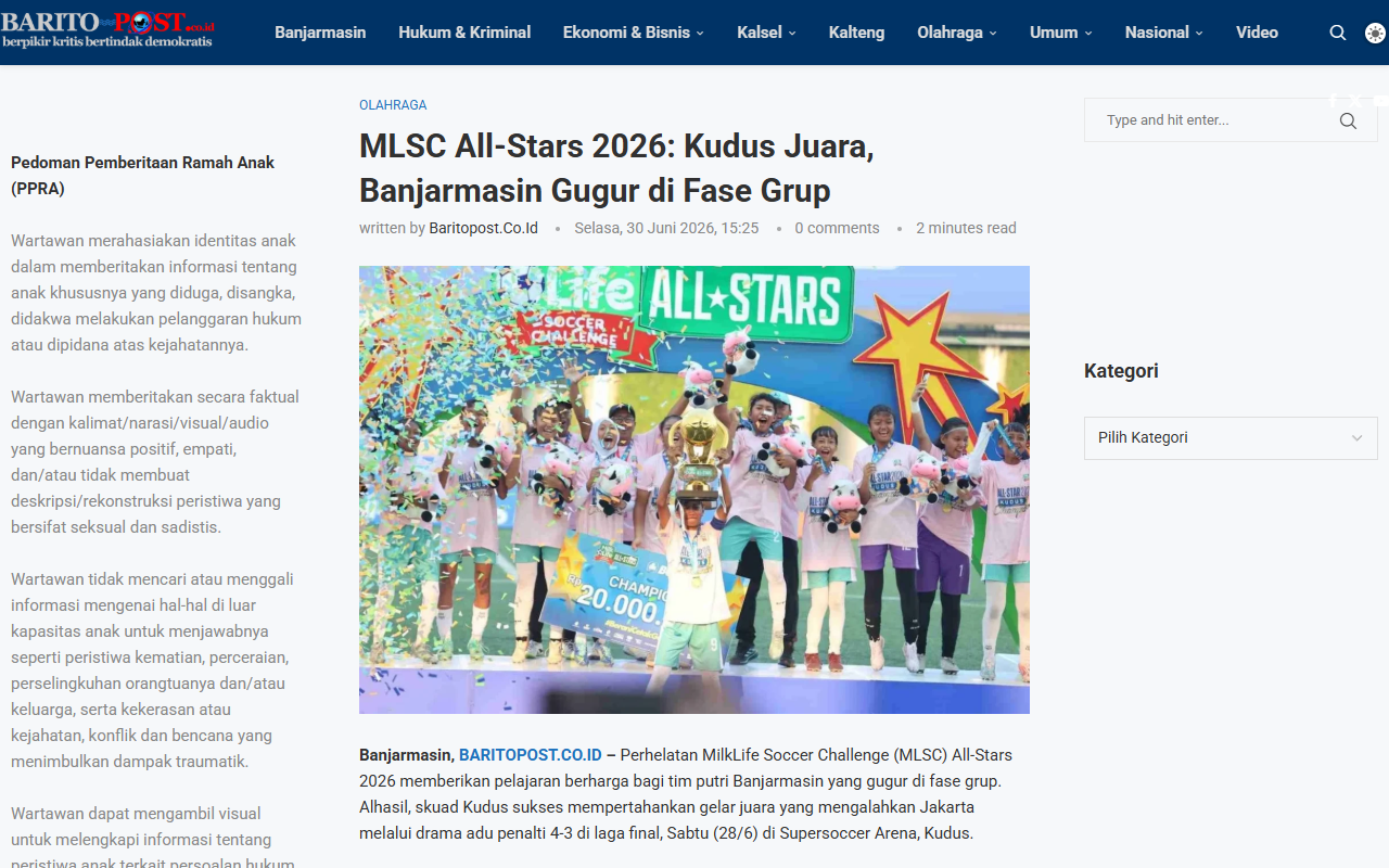 MLSC All-Stars 2026: Kudus Champions, Banjarmasin Out in the Group Stage - Barito Post - screenshot of article on Barito Post