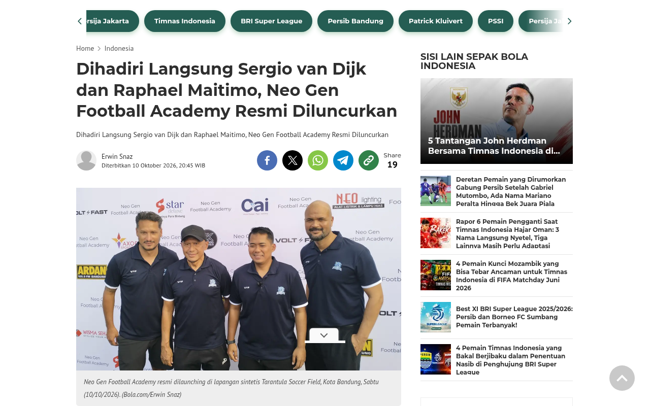 Sergio van Dijk and Raphael Maitimo Attend as Neo Gen Football Academy Is Officially Launched - Bola.com - screenshot of article on Bola.com