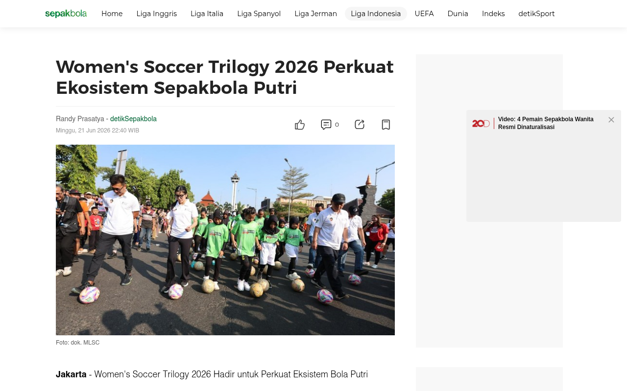 Women's Soccer Trilogy 2026 Strengthens the Women's Football Ecosystem - detikSport - screenshot of article on detikSport
