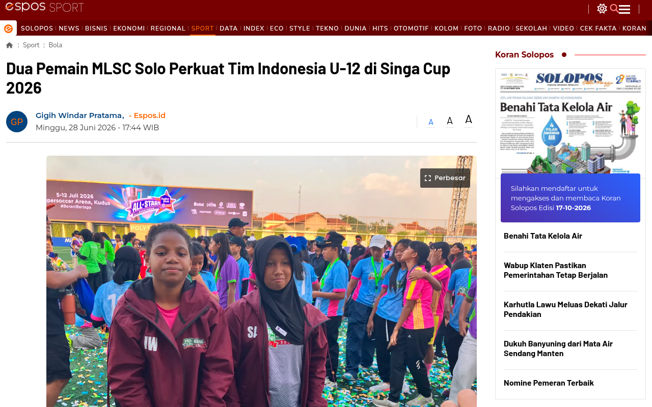 Two Solo MLSC Players Strengthen Indonesia U-12 Team at Singa Cup 2026 - Espos.id - screenshot of article on Espos.id