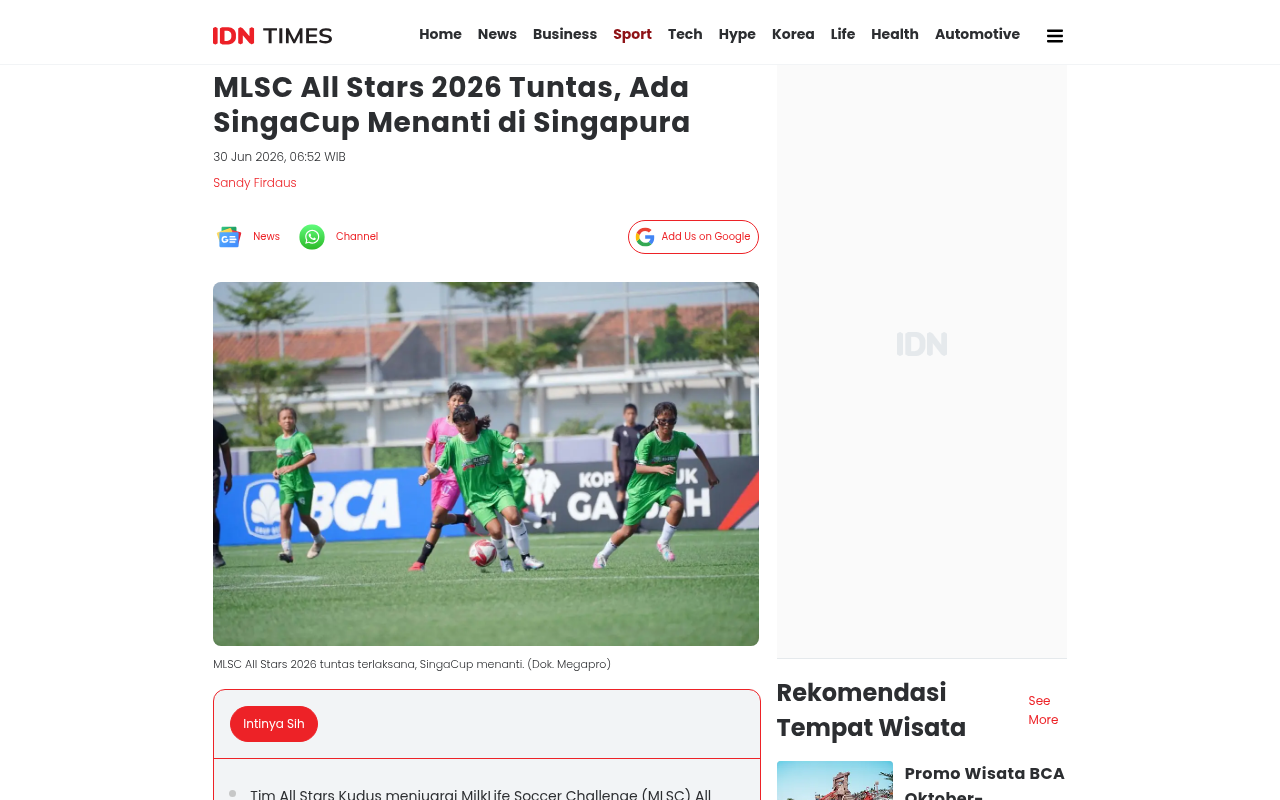 MLSC All Stars 2026 Wraps Up, SingaCup Awaits in Singapore - IDN Times - screenshot of article on IDN Times