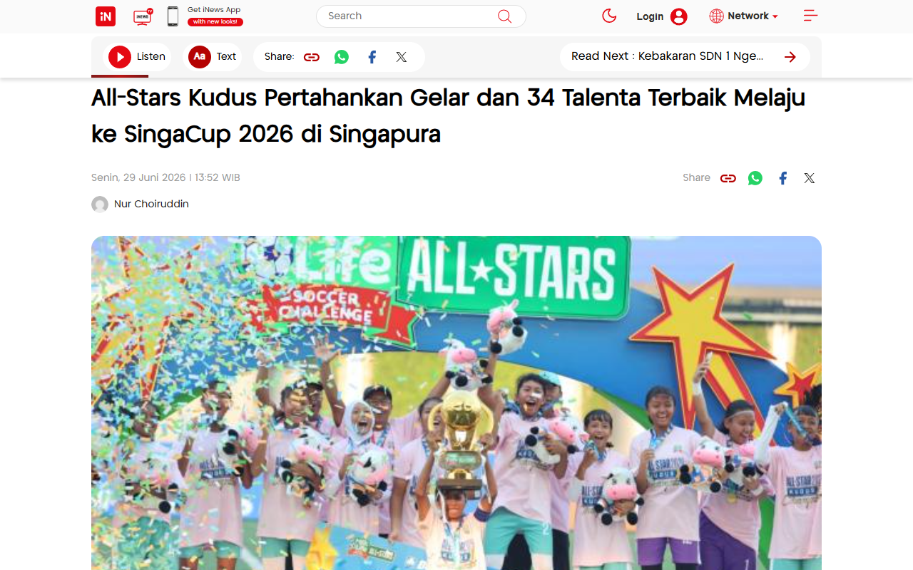 All-Stars Kudus Retain Title and 34 Top Talents Advance to SingaCup 2026 in Singapore - iNews Pantura - screenshot of article on iNews Pantura