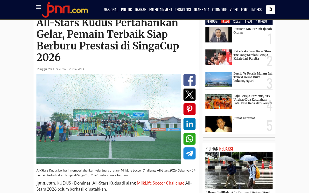 All-Stars Kudus Retain Title, Best Players Set to Chase Success at SingaCup 2026 - JPNN - screenshot of article on JPNN