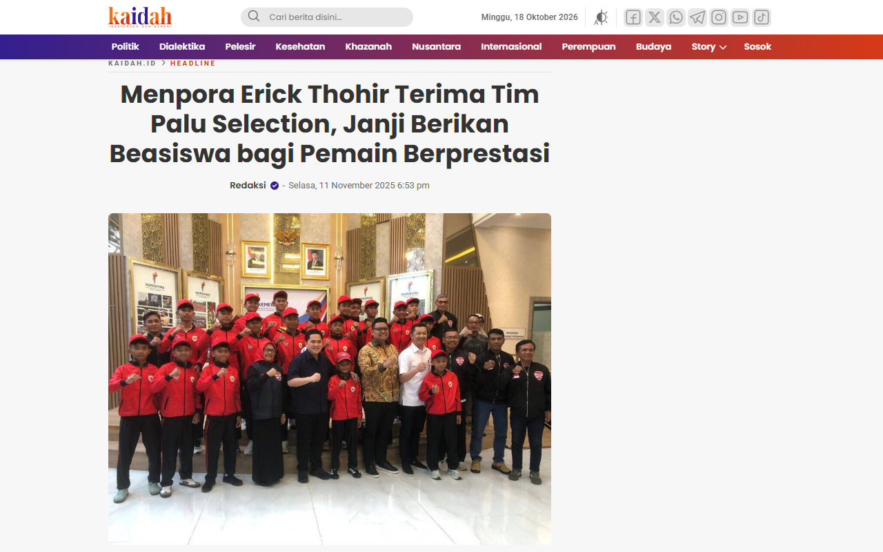 Youth and Sports Minister Erick Thohir Receives Palu Selection Team, Promises Scholarships for High-Achieving Players - Kaidah.ID - screenshot of article on Kaidah.ID