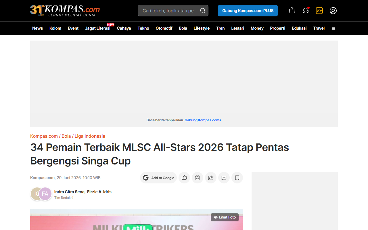 34 Best MLSC All-Stars 2026 Players Eye the Prestigious Stage of Singa Cup - Kompas.com - screenshot of article on Kompas.com