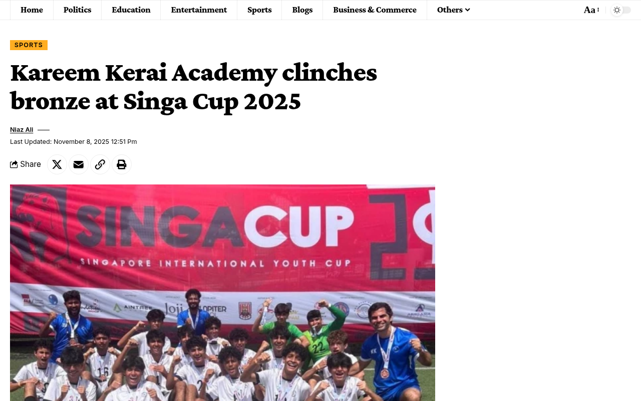 Kareem Kerai Academy Clinches Bronze at Singa Cup 2025 - Media Hyde - screenshot of article on Media Hyde