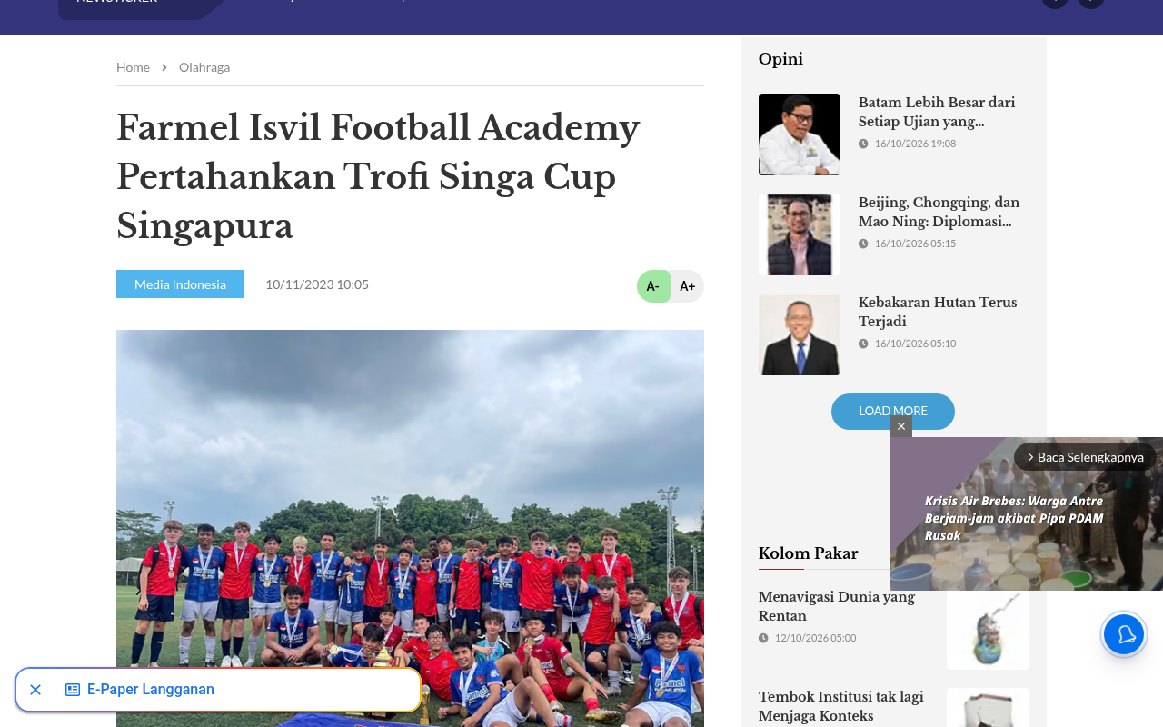 Farmel Isvil Football Academy Defend Singa Cup Singapore Trophy - Media Indonesia - screenshot of article on Media Indonesia