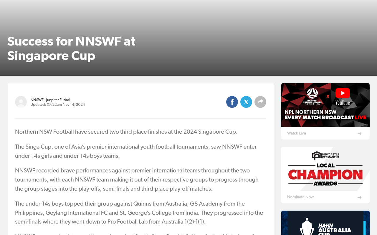 Success for NNSWF at Singapore Cup - Northern NSW Football - screenshot of article on Northern NSW Football