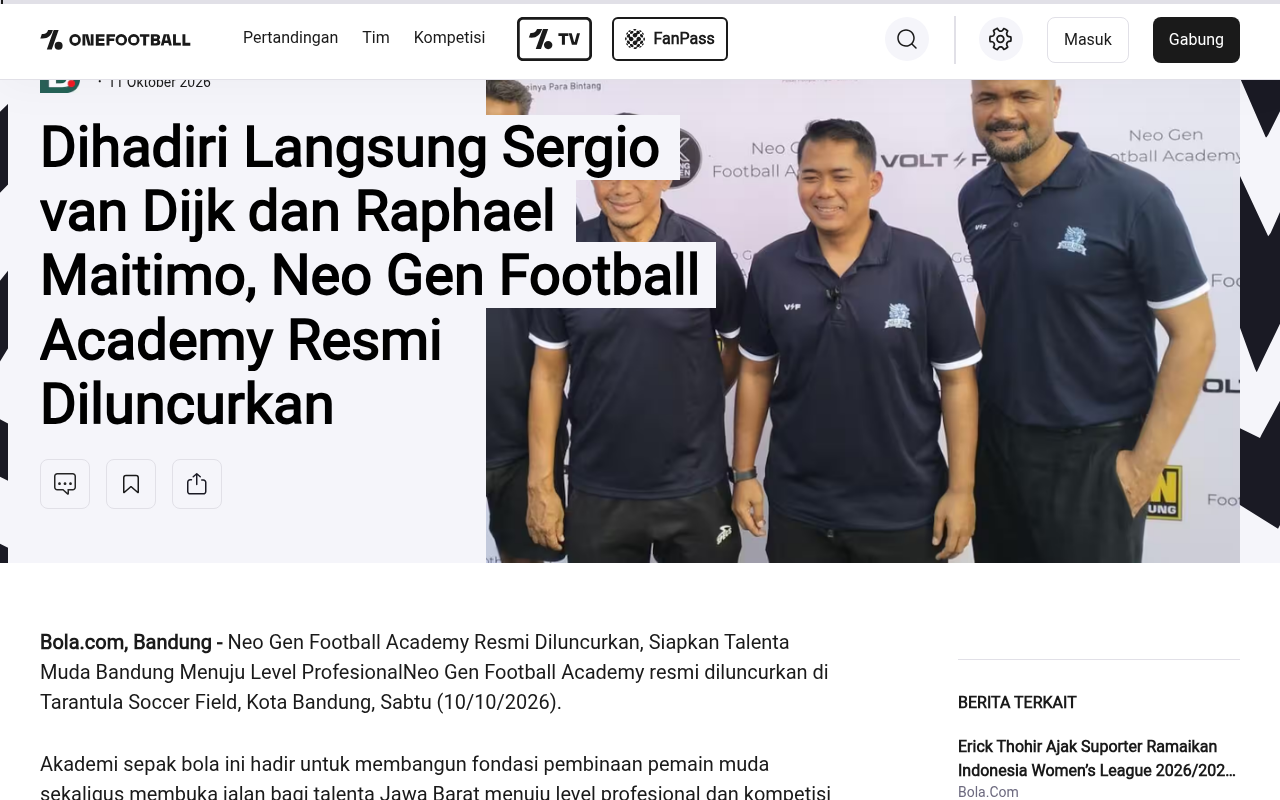 Sergio van Dijk and Raphael Maitimo Attend as Neo Gen Football Academy Is Officially Launched - OneFootball - screenshot of article on OneFootball (Bola.com)