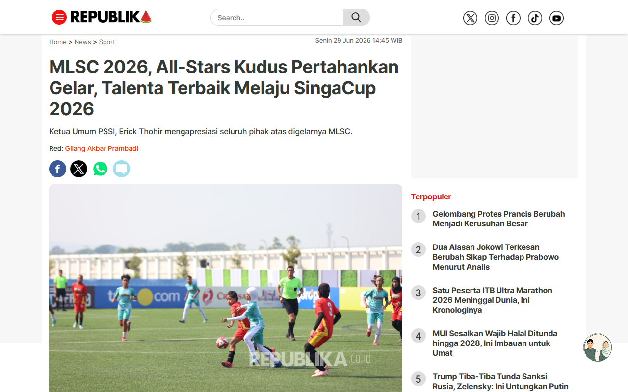 MLSC 2026: All-Stars Kudus Retain Title, Best Talents Advance to SingaCup 2026 - Republika - screenshot of article on Republika