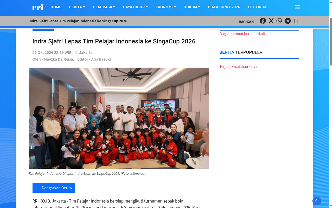 Indra Sjafri Sends Off Indonesian Student Team to SingaCup 2026 - screenshot of article on RRI