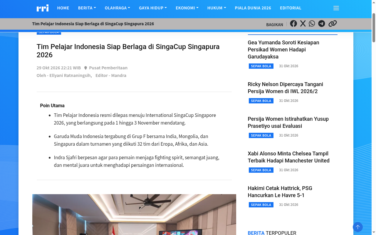 Indonesian Student Team Ready to Compete at SingaCup Singapore 2026 - screenshot of article on RRI