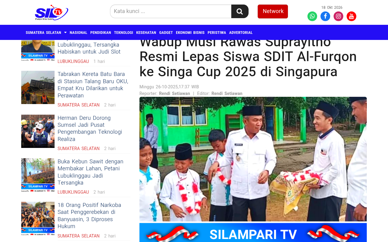 Musi Rawas Deputy Regent Suprayitno Officially Sends Off SDIT Al-Furqon Students to Singa Cup 2025 in Singapore - Silampari TV - screenshot of article on Silampari TV