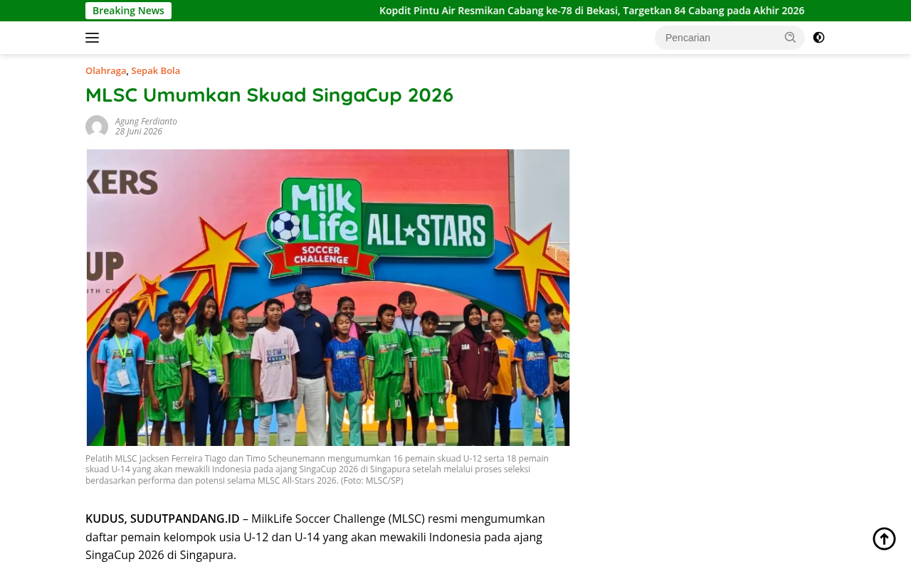 MLSC Announces SingaCup 2026 Squad - Sudutpandang.id - screenshot of article on Sudutpandang.id