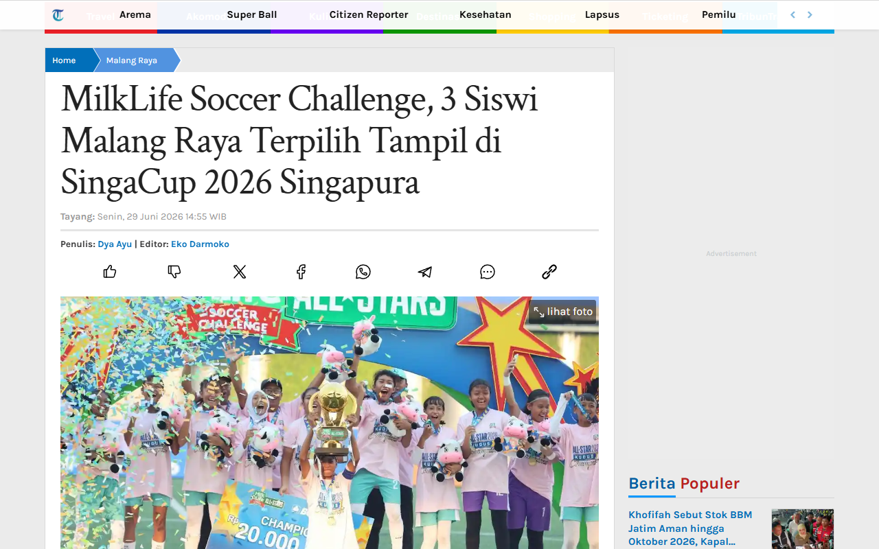 MilkLife Soccer Challenge: 3 Malang Raya Schoolgirls Selected to Play at SingaCup 2026 in Singapore - SuryaMalang - screenshot of article on SuryaMalang (Tribunnews)