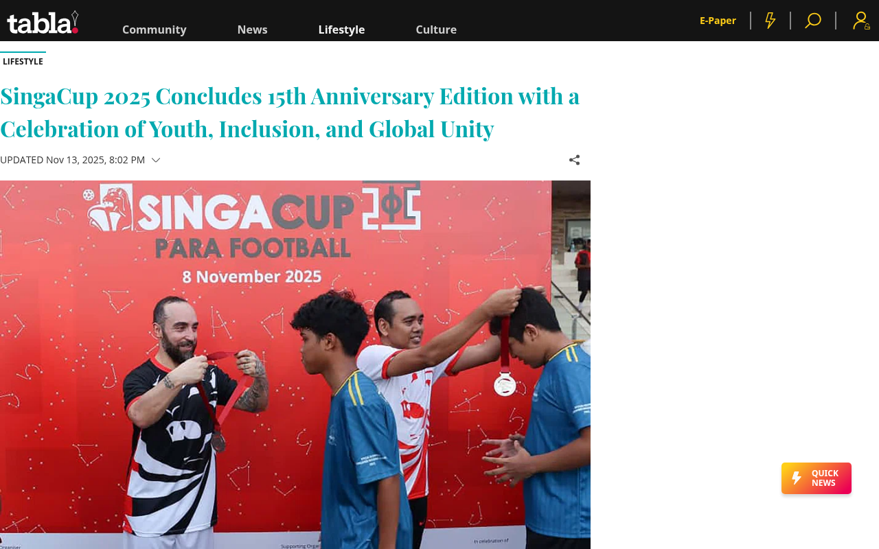 SingaCup 2025 Concludes 15th Anniversary Edition with a Celebration of Youth, Inclusion, and Global Unity - Tabla - screenshot of article on Tabla