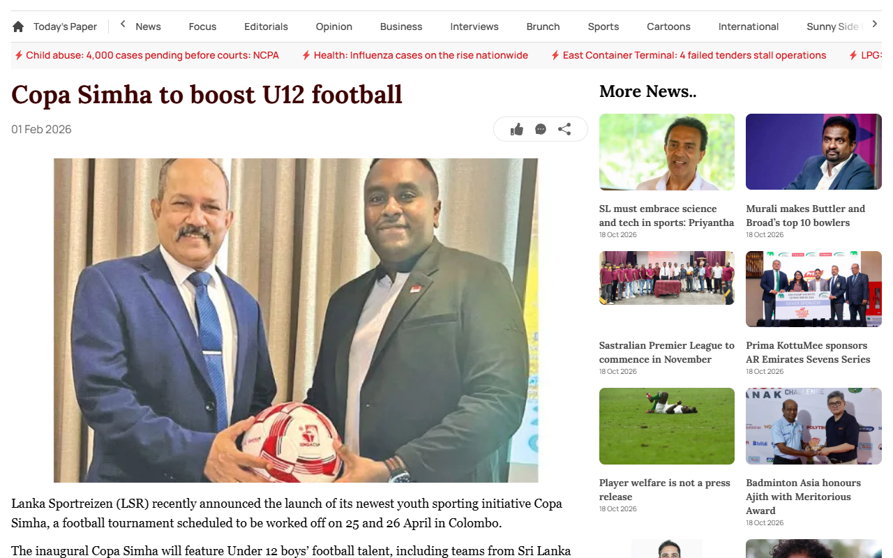 Copa Simha to Boost U12 Football - The Morning - screenshot of article on The Morning (Sri Lanka)